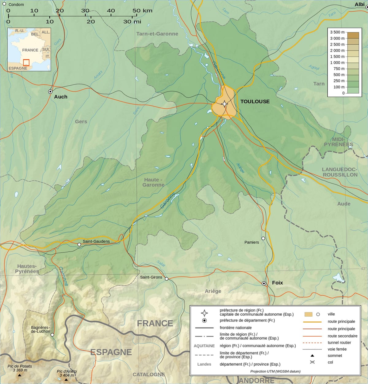 topographic ramani ya Toulouse